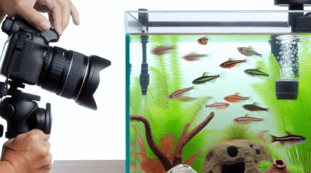 Goede foto's van je aquarium met kleurrijke tetras grind en thermometer