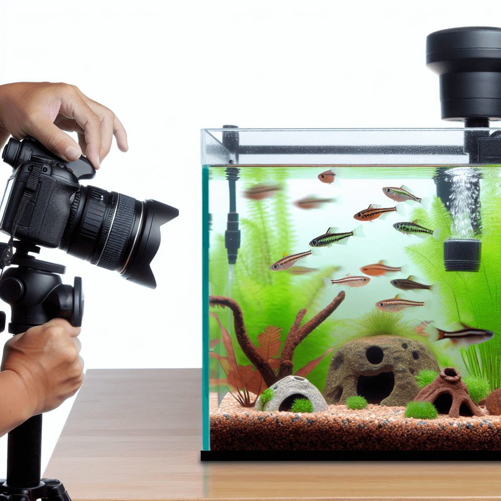 Goede foto's van je aquarium met kleurrijke tetras grind en thermometer