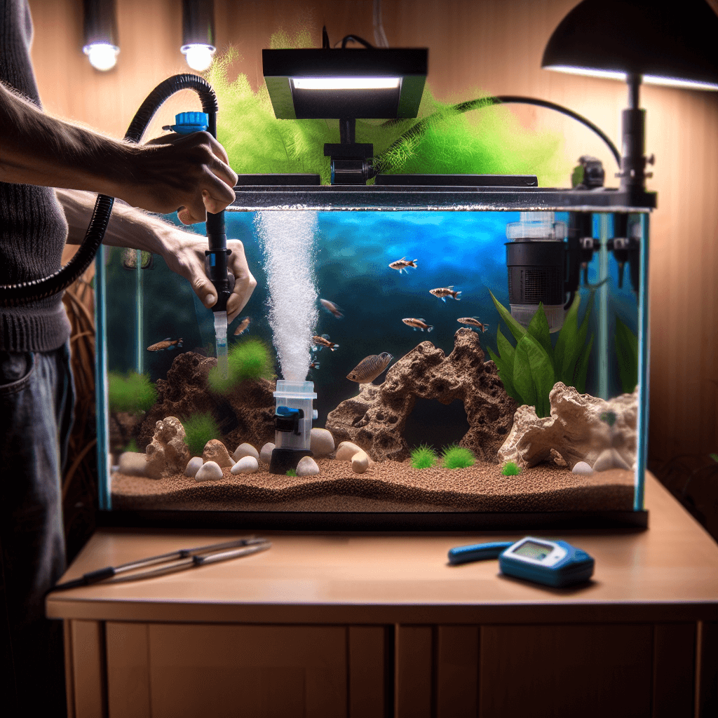 Hoe vaak aquarium onderhouden met tropische vissen waterplanten grind en thermometer