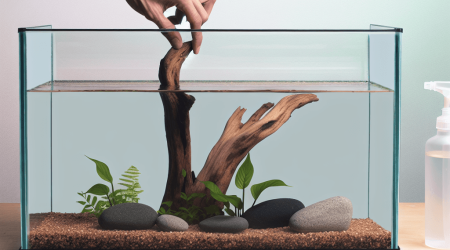 Aquariumdecoratie van natuurlijke materialen met drijfhout rivierstenen en Java varens