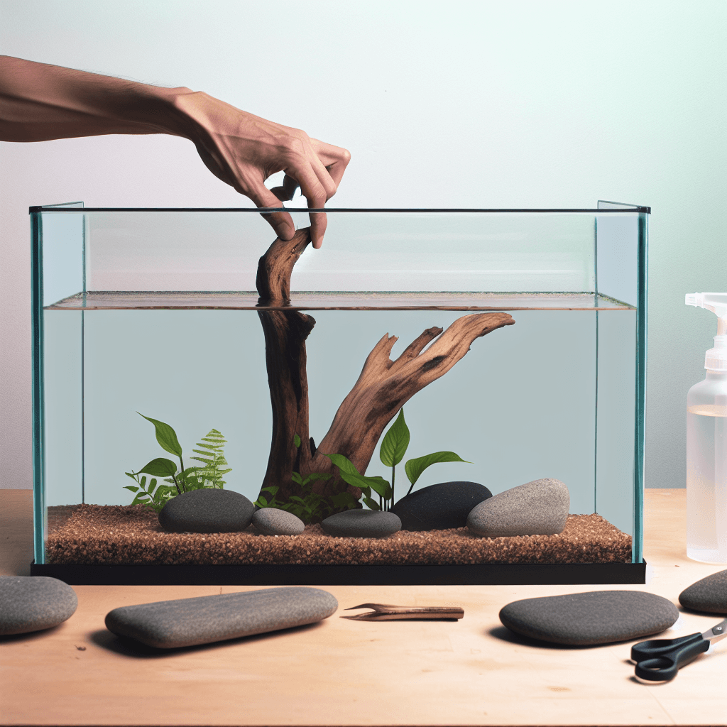 Aquariumdecoratie van natuurlijke materialen met drijfhout rivierstenen en Java varens