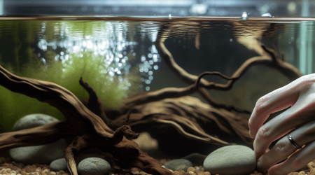 Duurzaam aquarium met drijfhout, rivierstenen, waterplanten en biologisch substraat