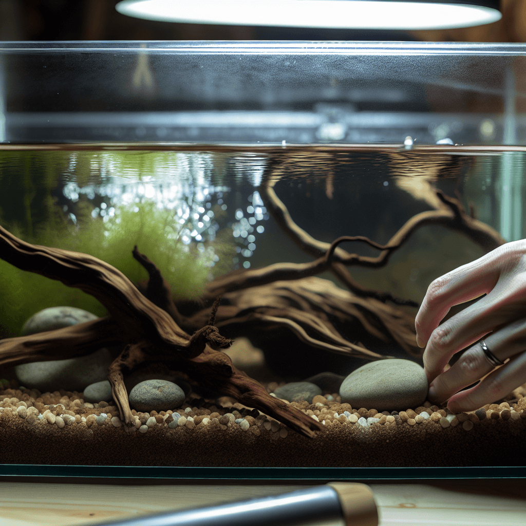 Duurzaam aquarium met drijfhout, rivierstenen, waterplanten en biologisch substraat