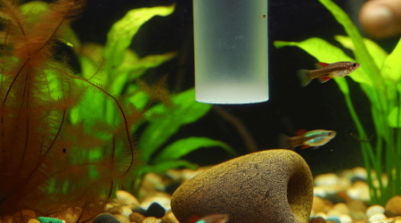 Gezond aquarium met guppy's tetra’s Anubias waterplanten en grindbodem