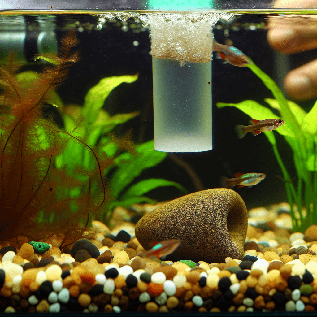 Gezond aquarium met guppy's tetra’s Anubias waterplanten en grindbodem