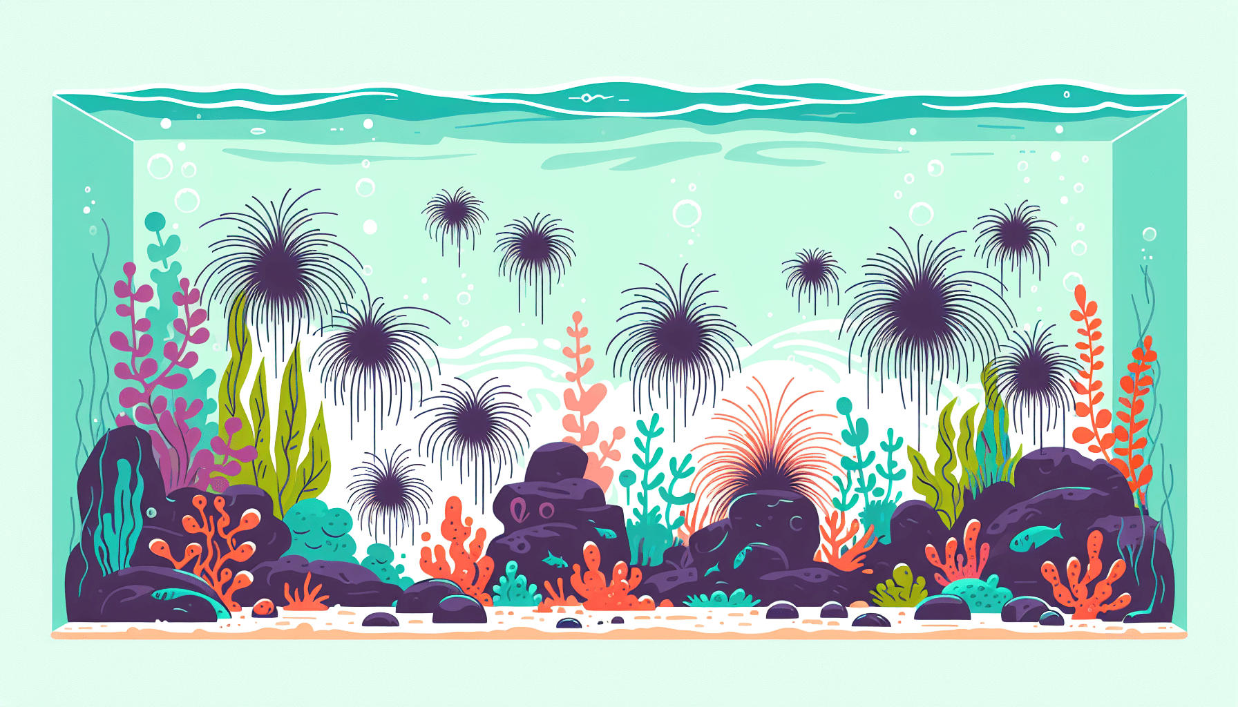 Baardalg in aquarium op waterplanten en decoratie