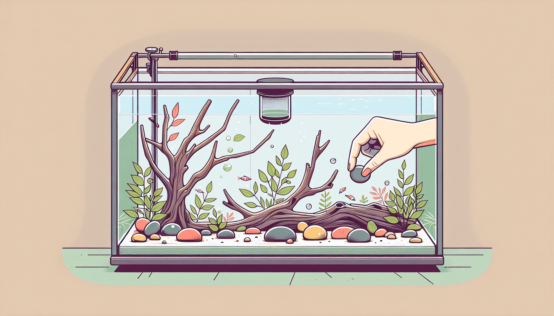 Aquariumdecoratie van natuurlijke materialen met hout waterplanten stenen en grindbodem