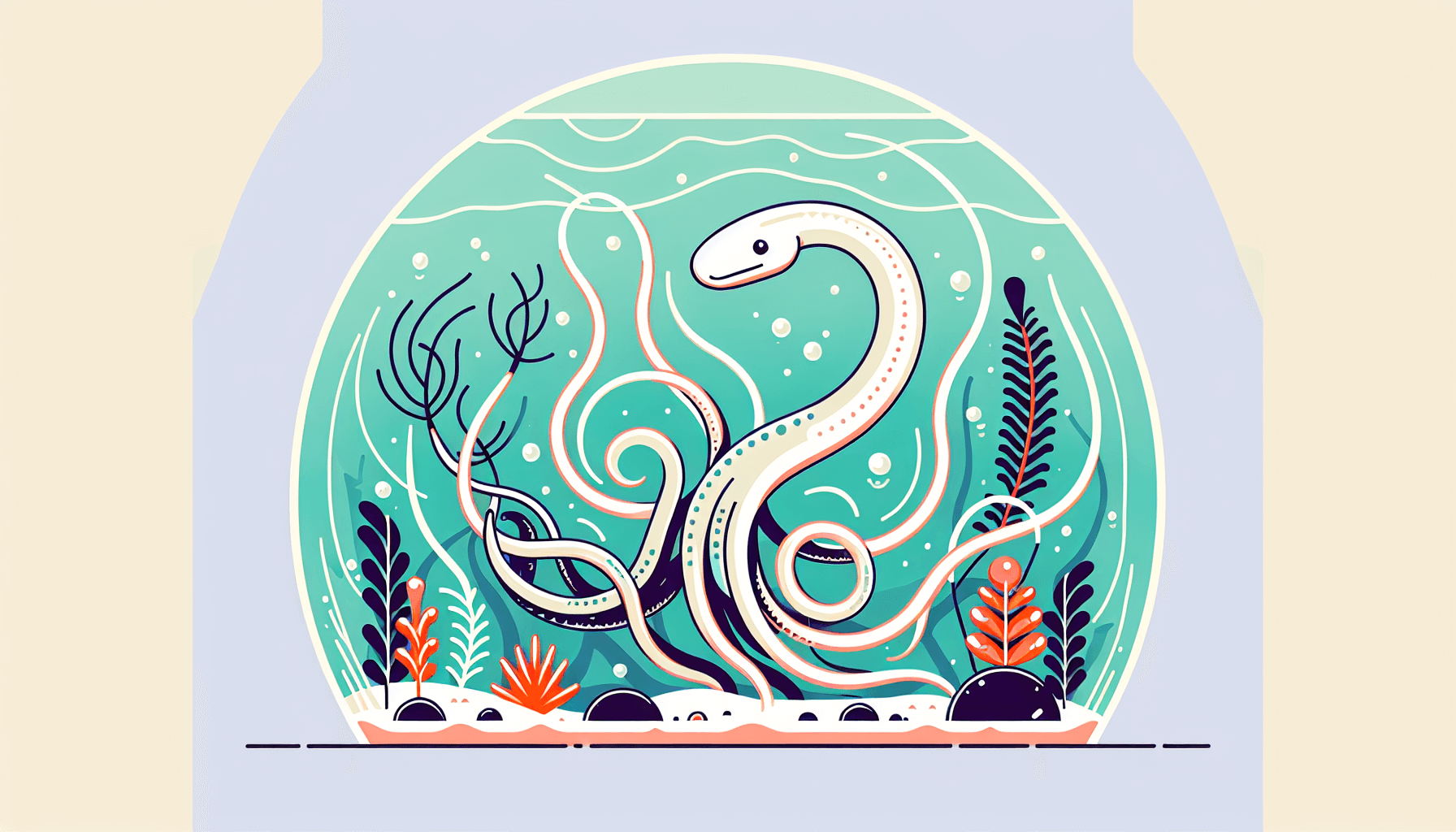 Hydra in aquarium tussen waterplanten grind en filterbuis