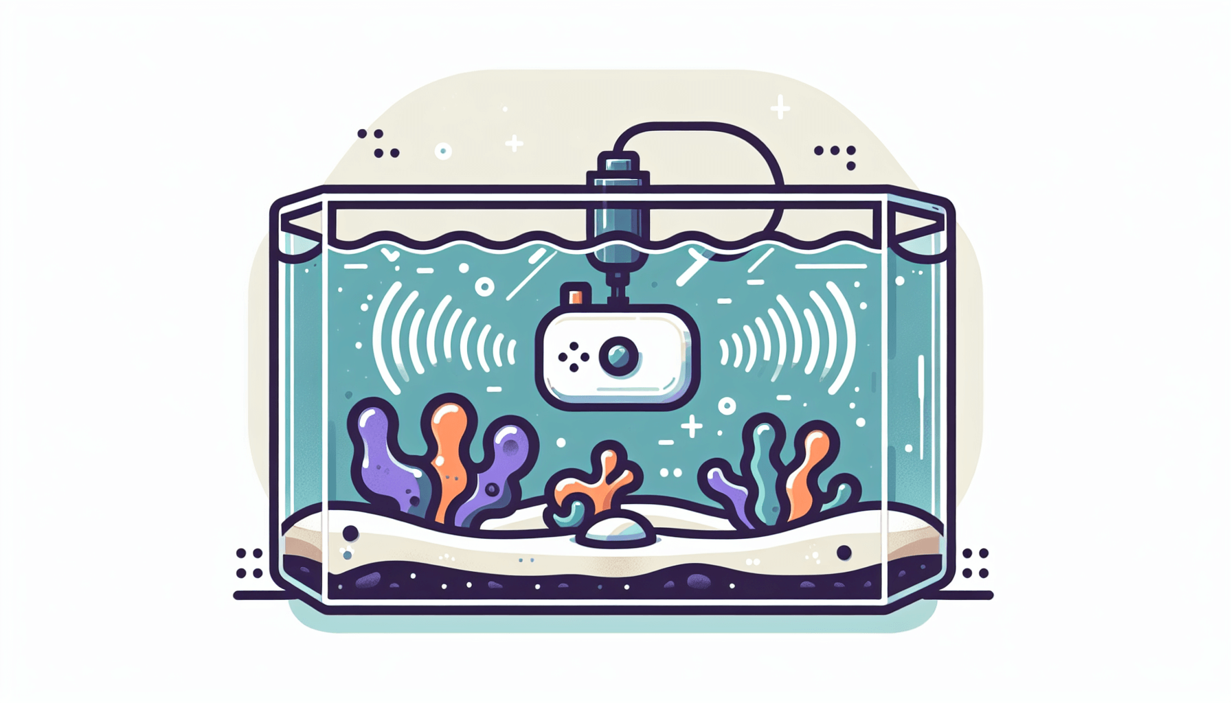 Ultrasoon algenbestrijder in aquarium met waterplanten grind en temperatuurmeter