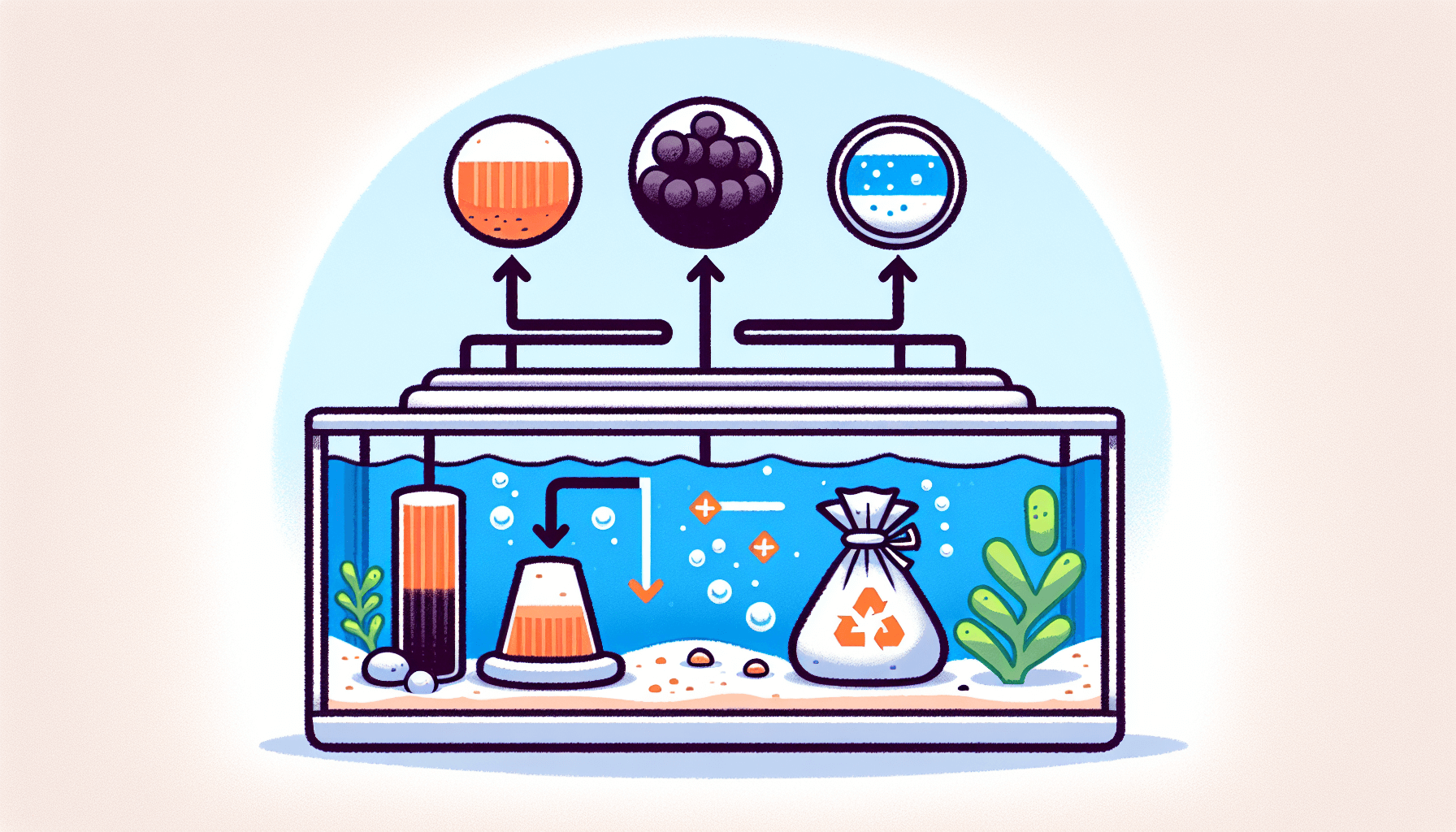 Aquariumfilter met grind waterplanten en temperatuurmeter