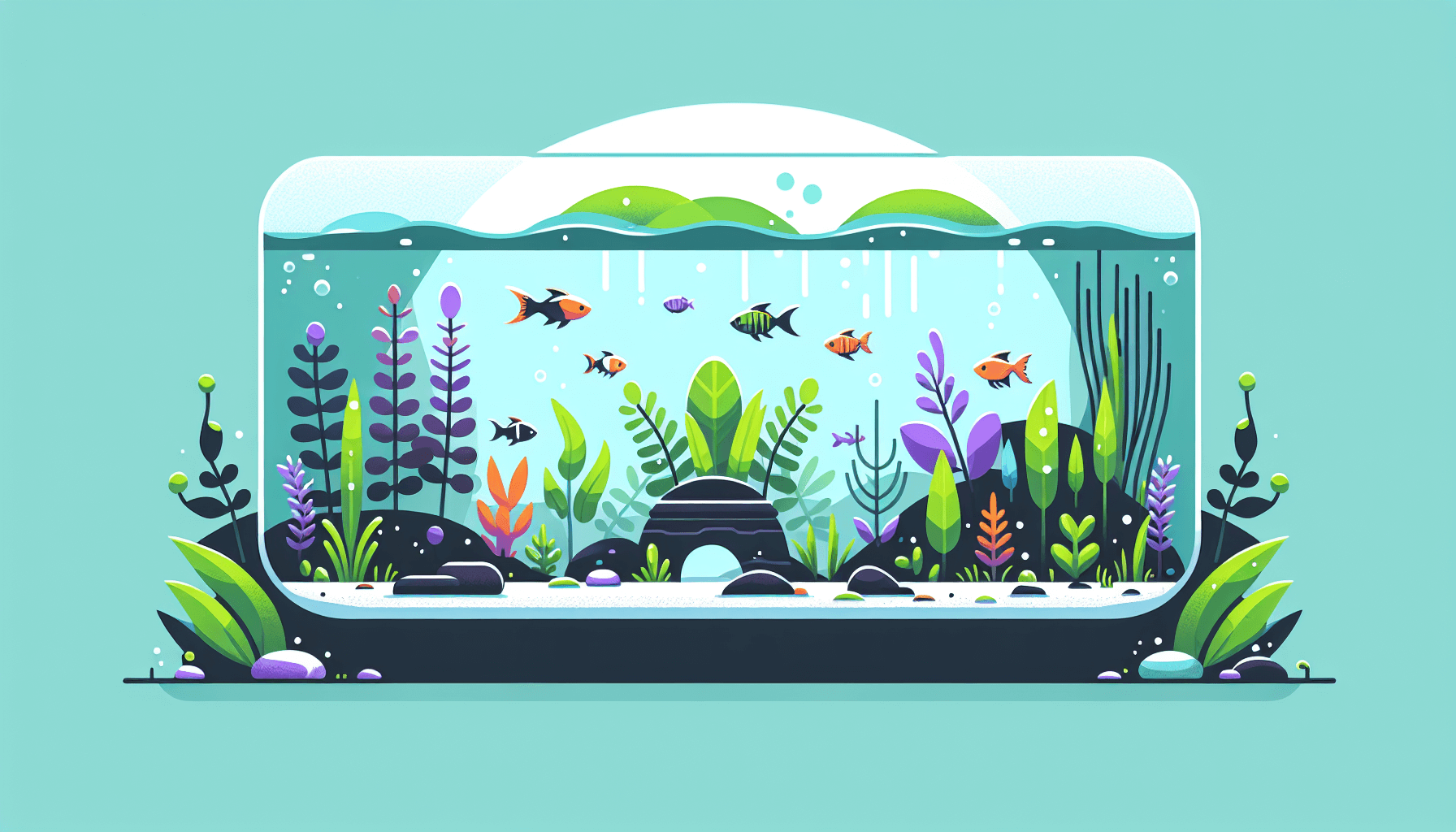 Microhabitats in aquarium met waterplanten grind temperatuurmeter en filterbuis