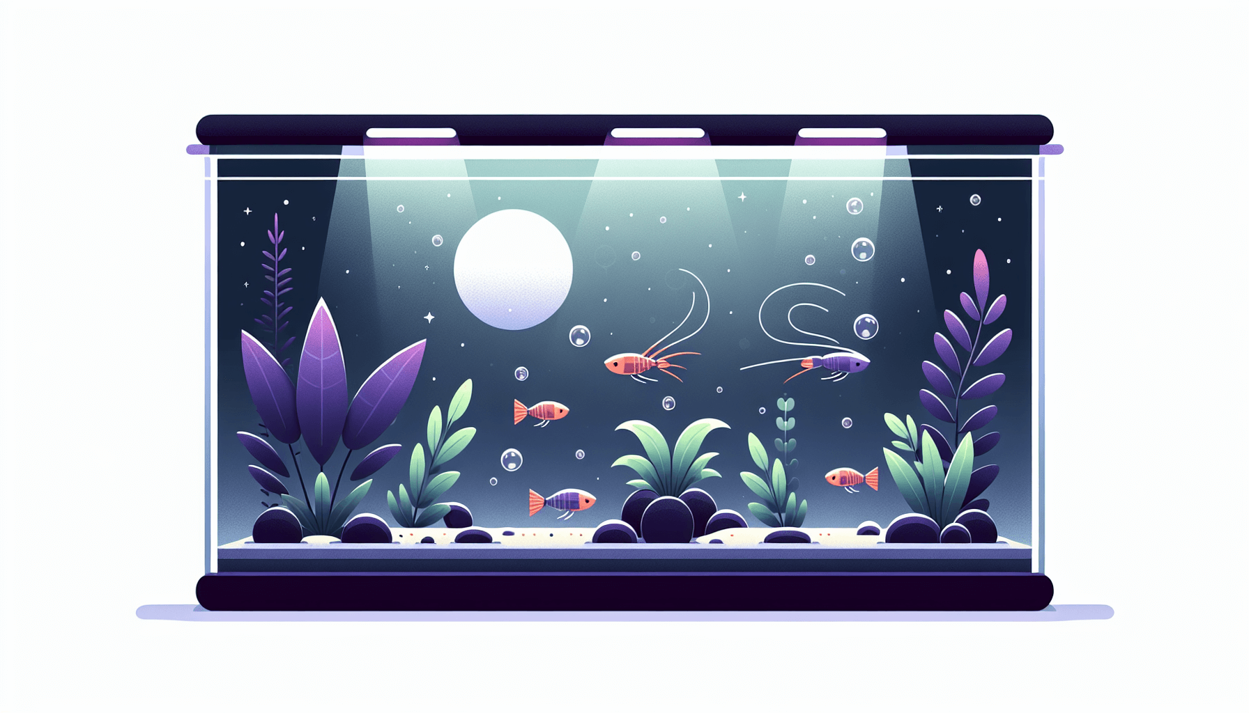 Nachtcyclus in aquarium met vissen waterplanten en zwakke verlichting