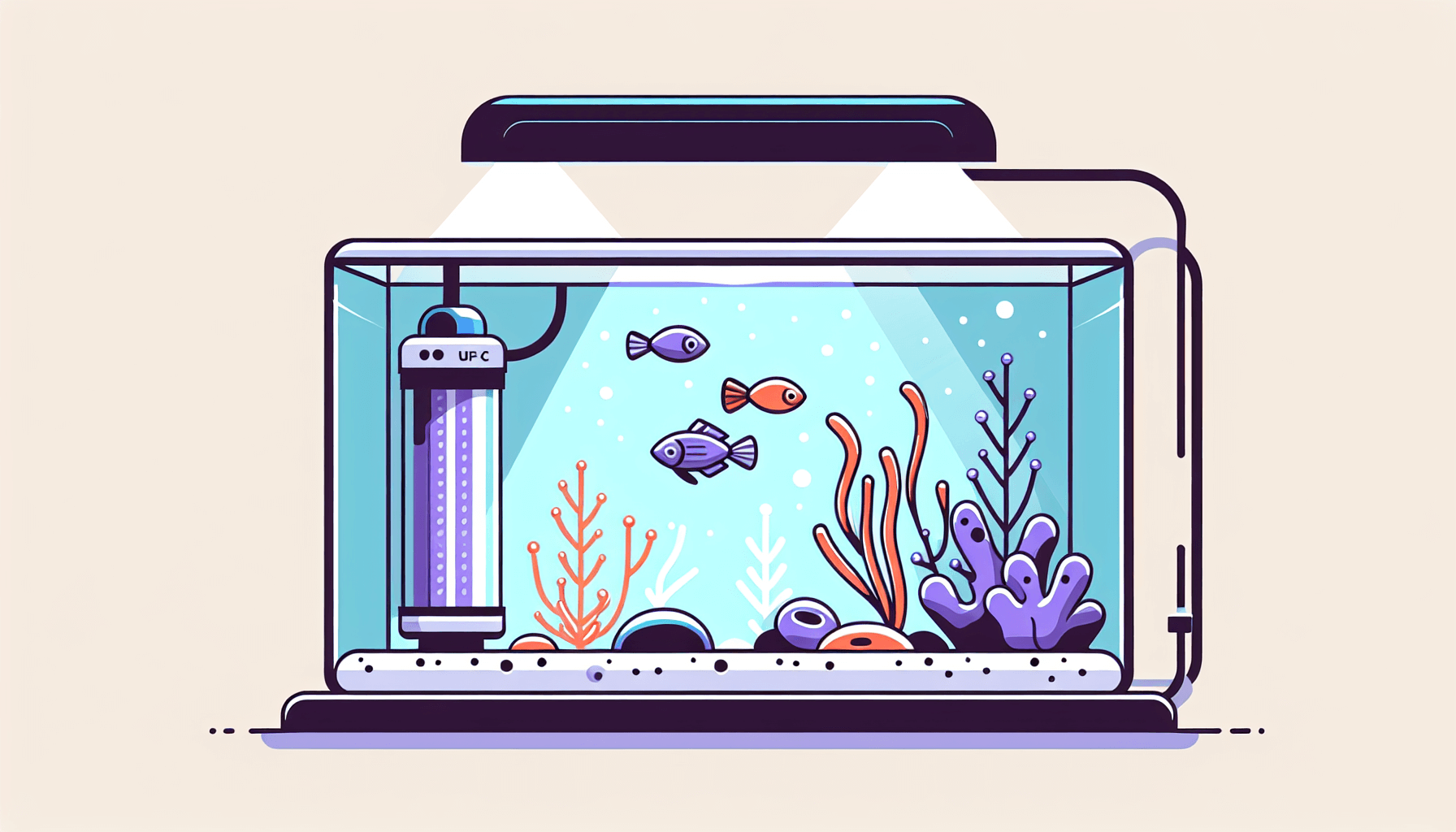 UV-C licht in aquariumwater met filterbuis en temperatuurmeter