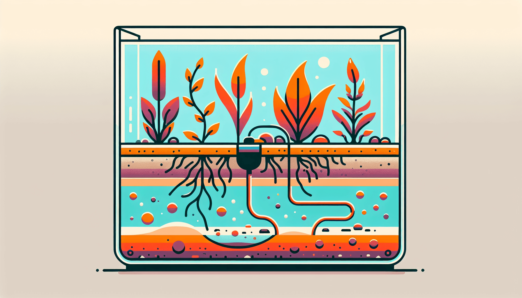 Bodemtemperatuur in aquarium met waterplanten grind temperatuurmeter en filterbuis