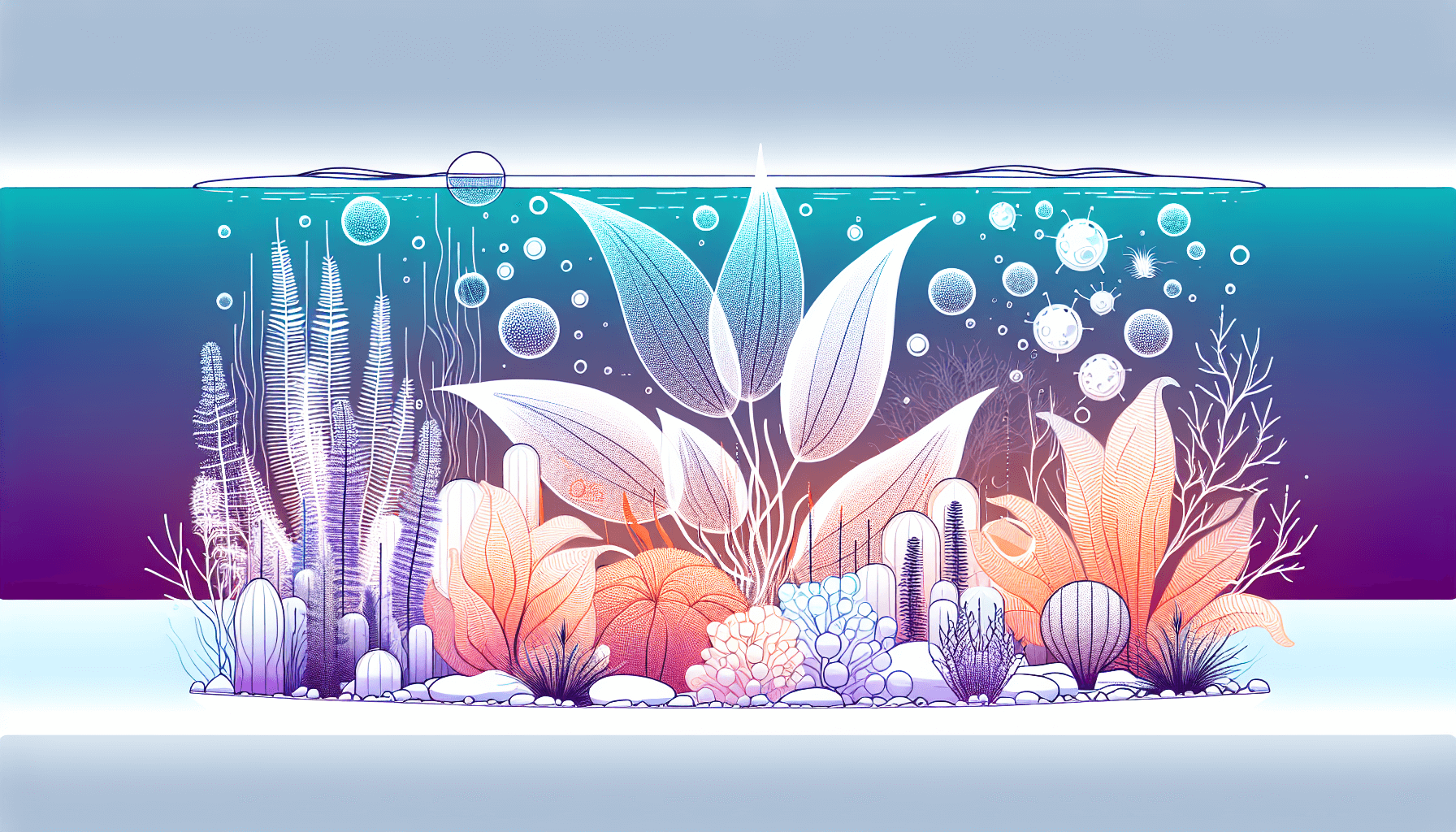 Biofilm op aquariumplanten tussen grind waterplanten en temperatuurmeter