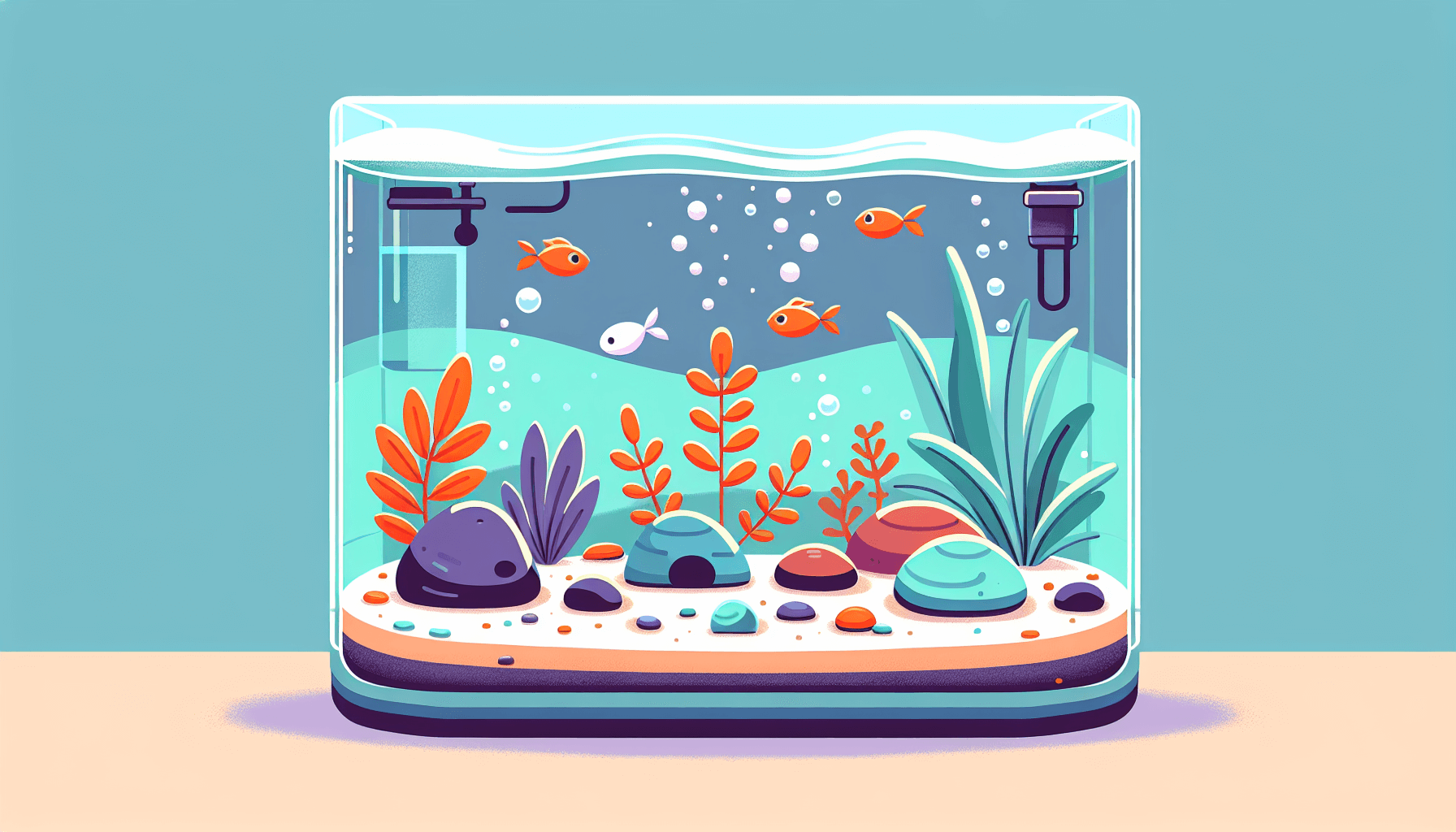 Vuilophoping onder aquariumdecoratie met grindbodem waterplanten en filterbuis