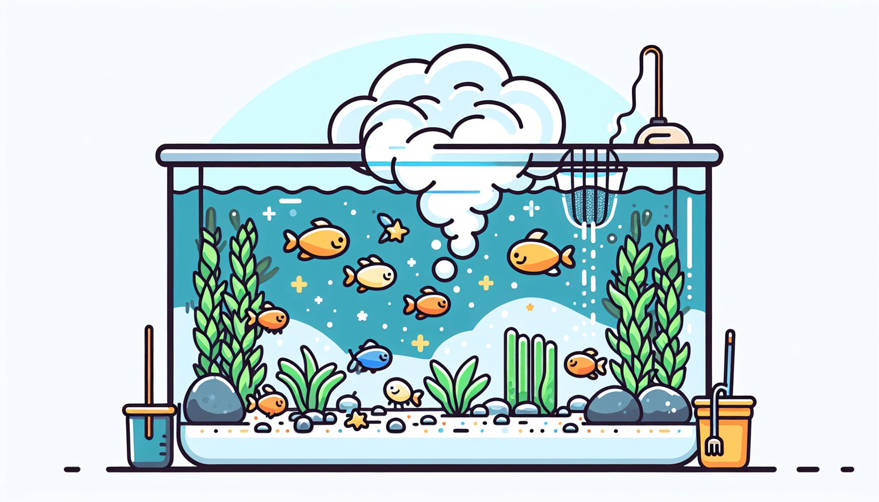 Aquarium geur zwavel met grindbodem waterplanten en filterbuis