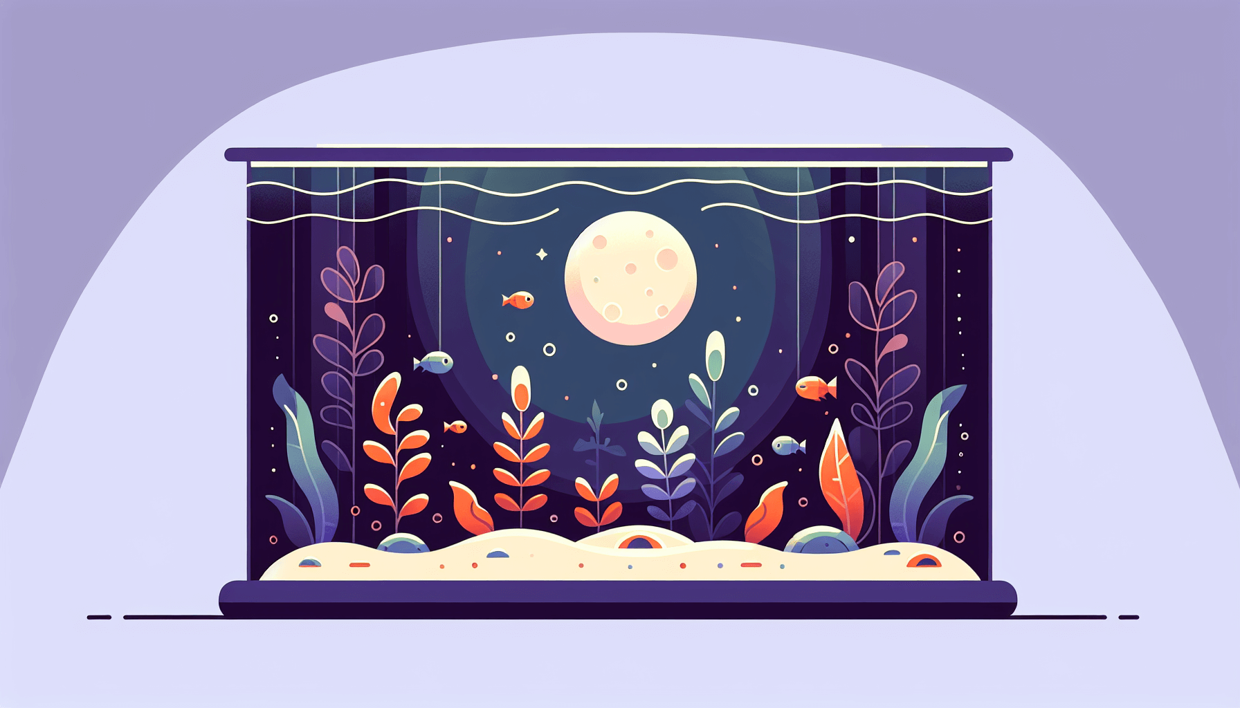 Nachtverlichting aquariumplanten met blauwe gloed over waterplanten grind en filterbuis