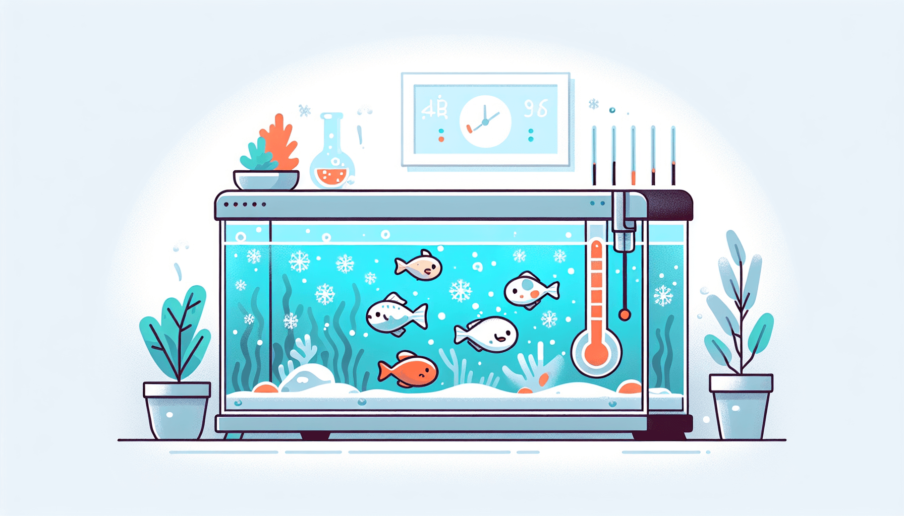 Wat te doen bij koude nacht aquarium met tropische vissen waterplanten en temperatuurmeter