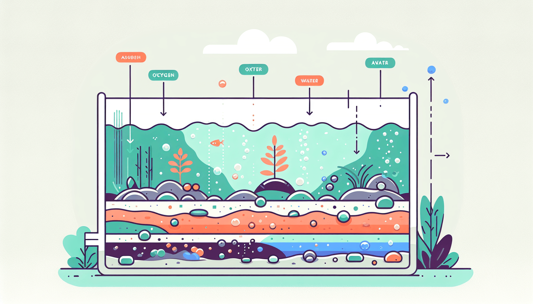 Microzones in het aquarium met grind waterplanten en filterbuis